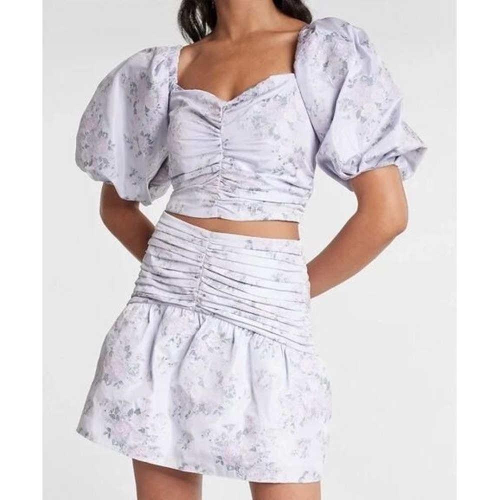 Express Blouse Top Womens XS Purple Floral Balloon Sleeve Square Neck Ruched NEW
